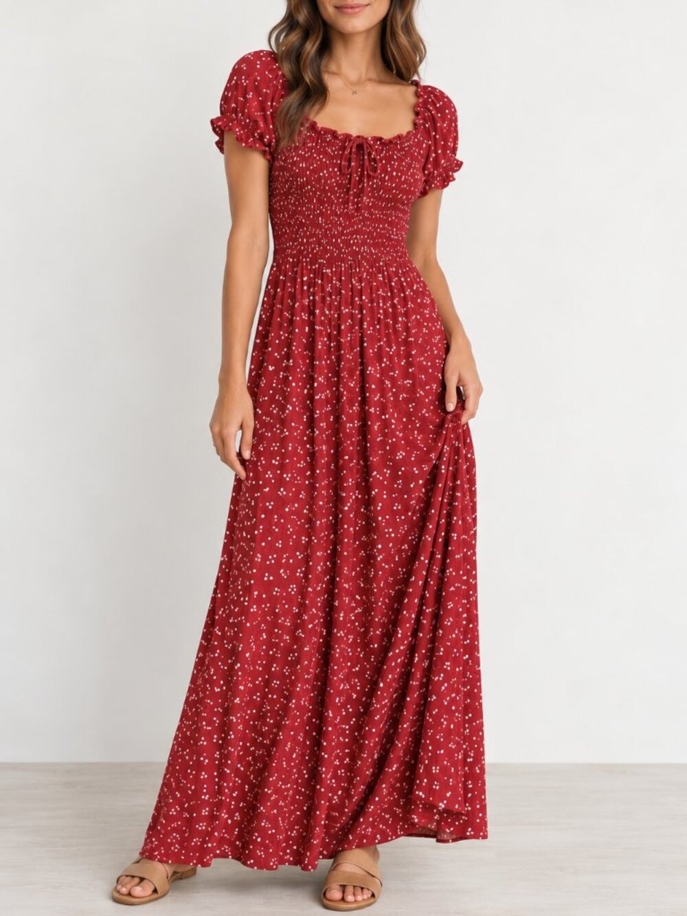 Anthropologie Kindred Red & White Polka Dot Pleated Smocked Maxi Dress – XL
